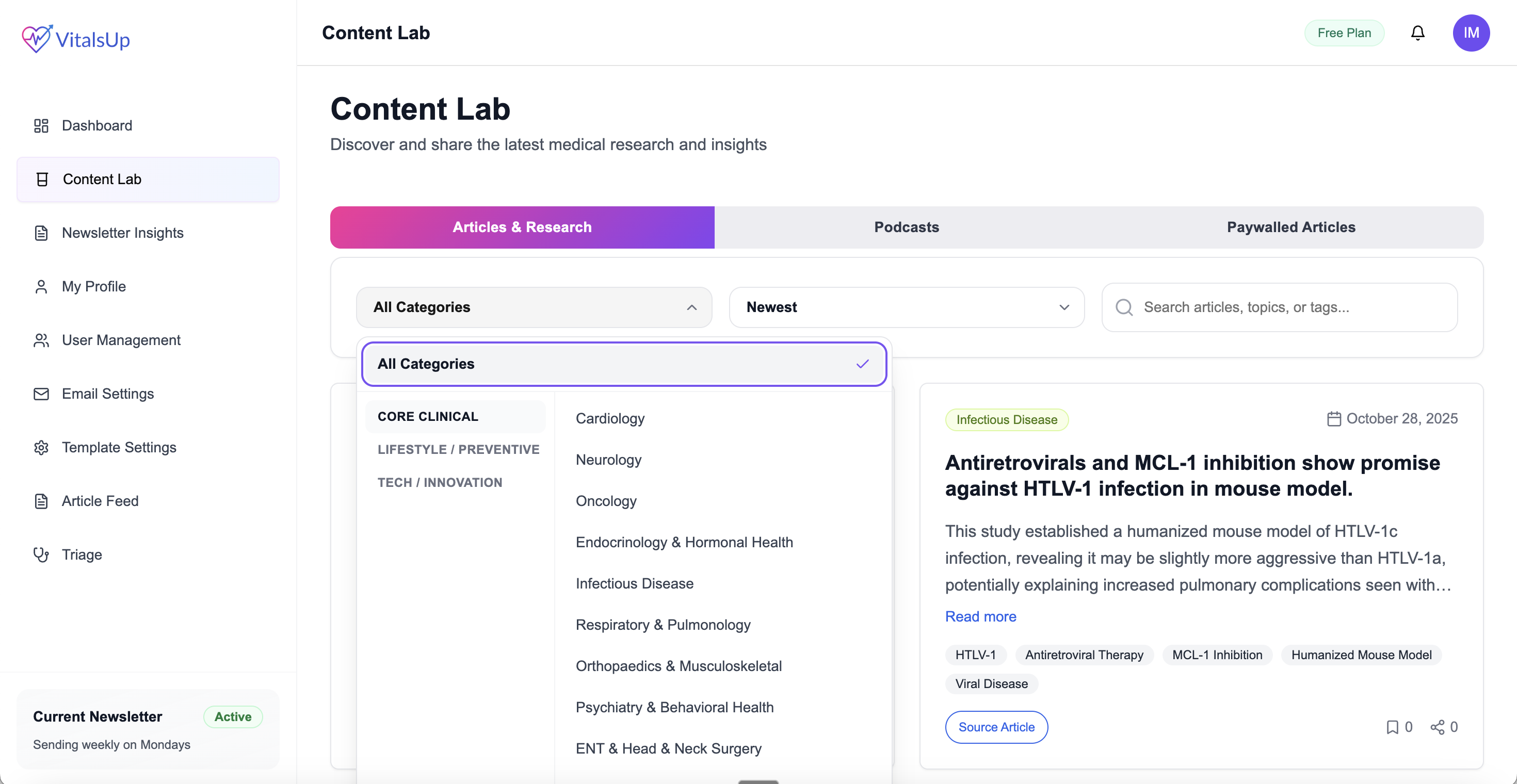 VitalsUp Content Lab interface